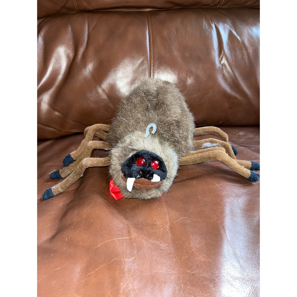 Creepy Cute Plush Spider Toy Red Bow Eyes Tongue Halloween Decor